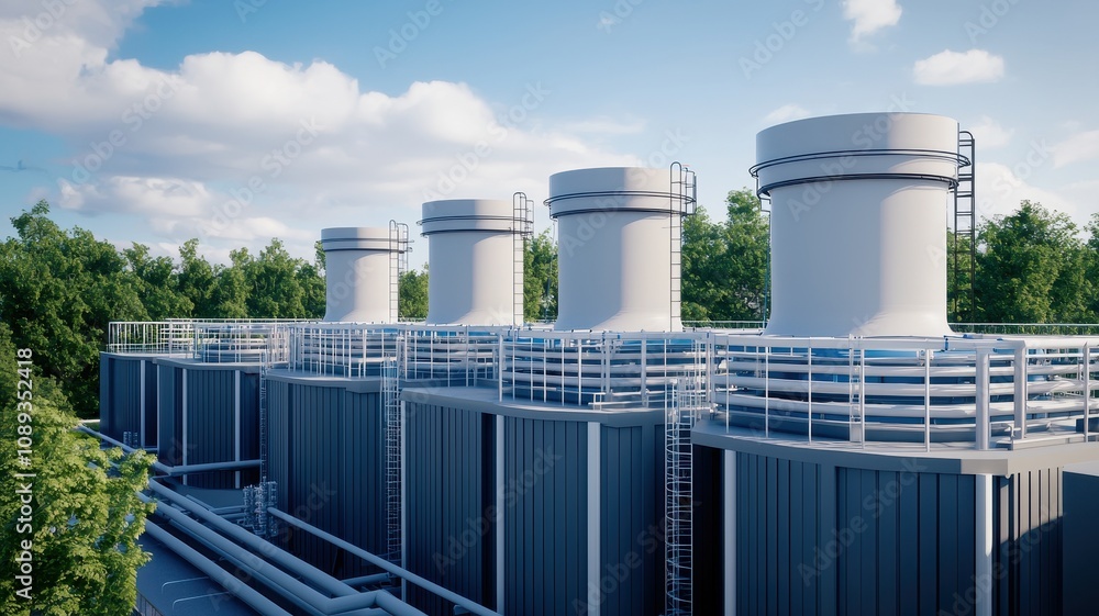 Fototapeta premium A modern industrial facility with large storage tanks and pipes, surrounded by greenery under a clear blue sky.