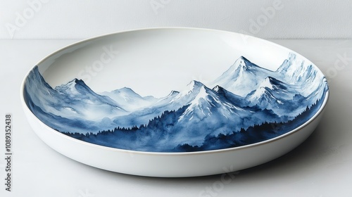 Hand-painted alpine design on a ceramic plate showcased on a sleek surface to highlight its beauty photo