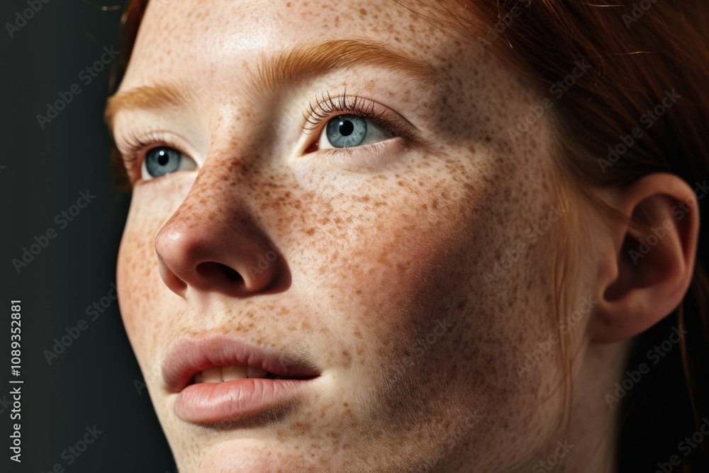 Obraz premium Freckled girl gazing upwards, radiant light on face, studio illumination from left