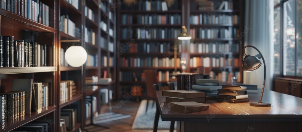 Cozy library study with a desk lamp illuminating a stack of books. Cozy library study with a desk lamp illuminating a stack of books.