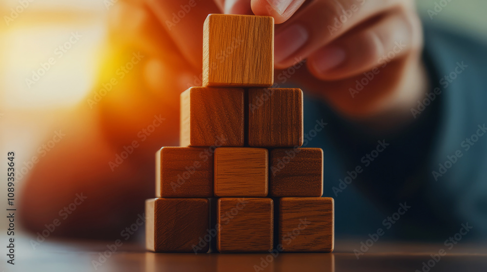 Hands Building a Pyramid with Wooden Blocks, Symbolizing Creativity, Strategy, and Teamwork in Childhood Learning and Development Activities with Natural Materials Hands Building a Pyramid with Wooden Blocks, Symbolizing Creativity, Strategy, and Teamwork in Childhood Learning and Development Activities with Natural Materials