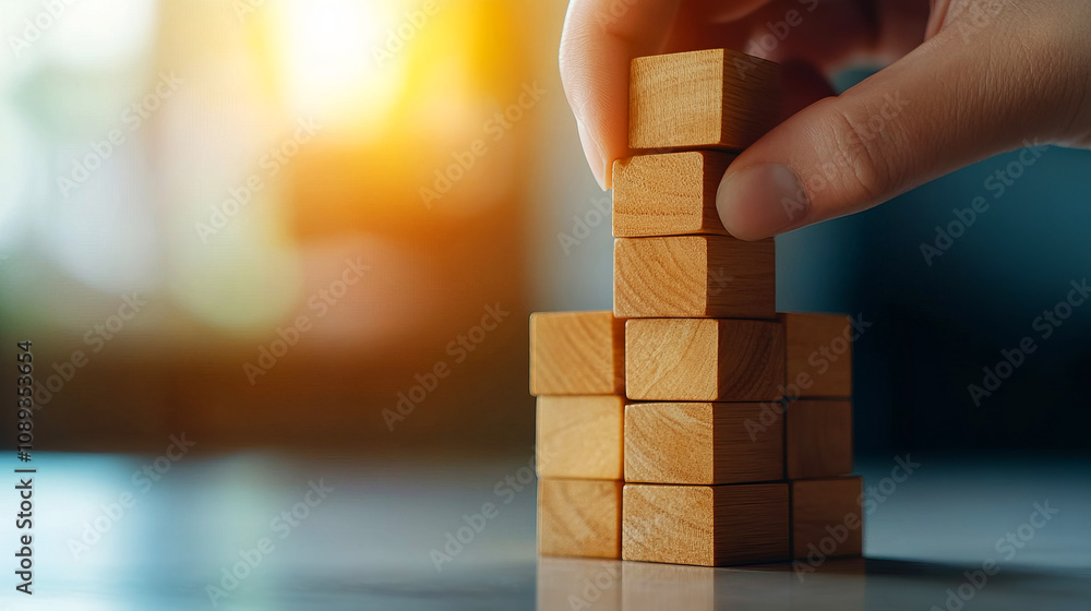 Hand Stacking Wooden Blocks to Build a Tower of Success, Symbolizing Growth, Development, Creativity, and Problem Solving in a Modern Workspace Environment Hand Stacking Wooden Blocks to Build a Tower of Success, Symbolizing Growth, Development, Creativity, and Problem Solving in a Modern Workspace Environment