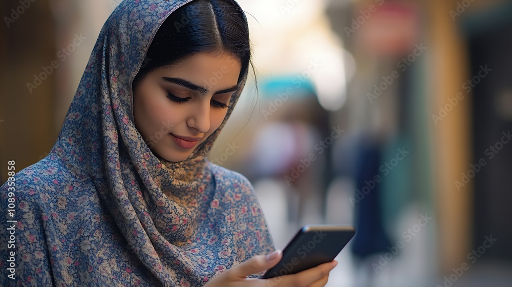 Young Girl In Hijab Using Smartphone Urban Background Ambient Lighting : Generative AI Young Girl In Hijab Using Smartphone Urban Background Ambient Lighting : Generative AI