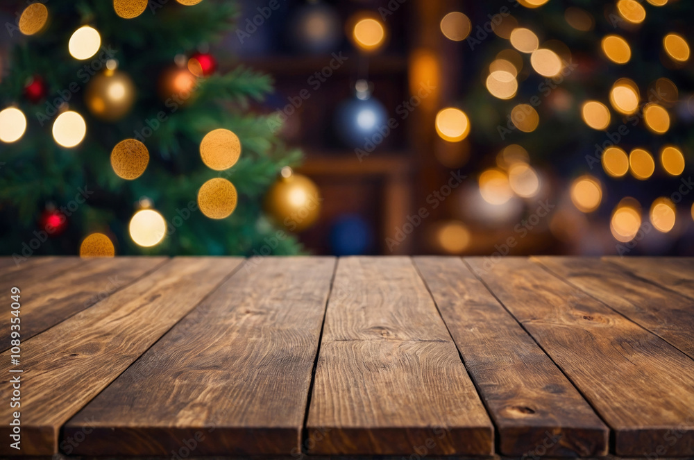A warm and inviting wooden table sits in front of a beautifully decorated Christmas tree, perfect for displaying your holiday treats and gifts. A warm and inviting wooden table sits in front of a beautifully decorated Christmas tree, perfect for displaying your holiday treats and gifts.