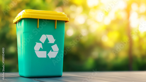 Vibrant Green Recycling Bin with Yellow Lid stands on a Wooden Surface Against a Blurred Nature Background Symbolizing Environmental Awareness and Sustainability Efforts photo