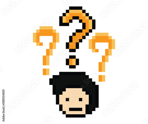 Cute pixel cartoon character man with question mark decoration 8 bit male boy confused idea question think choose cartoon pixel game png vector.