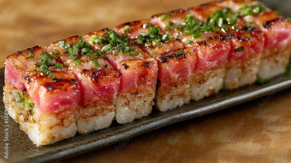 Grilled tuna sushi on a dark gray rectangular plate. Grilled tuna sushi on a dark gray rectangular plate.