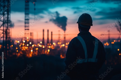 A construction worker overseeing the development of energy infrastructure, with cranes and large equipment on-site. 