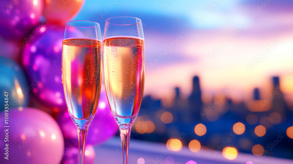 Celebrate Special Moments with Sparkling Wine in Elegant Flutes Against a Colorful Background of Balloons and City Lights at Sunset Celebrate Special Moments with Sparkling Wine in Elegant Flutes Against a Colorful Background of Balloons and City Lights at Sunset
