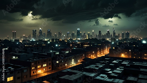 Cityscape Dichotomy Wealthy Urban Skyline vs. Impoverished Slums in the Gritty Sewer Shadows of a Cloudy and Stormy Night, Where Night City Lights Illuminate the Stark Contrast between Rich and Poor.