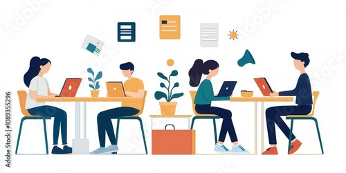 modern classroom online Students. A modern workspace illustration featuring individuals using laptops, surrounded by plants and office items, promoting collaboration and productivity.