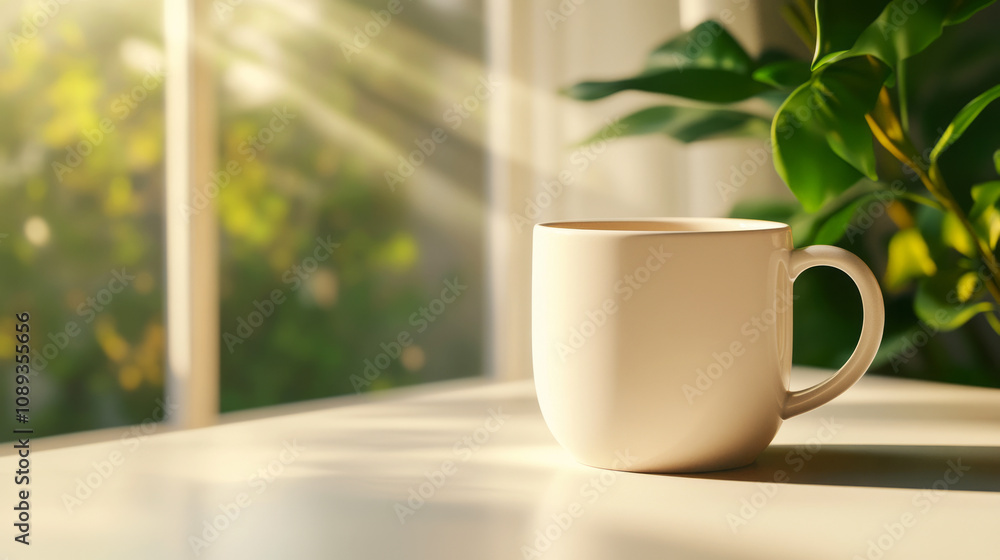 Serene Morning Scene with White Coffee Mug on Wooden Table Embraced by Soft Sunlight and Lush Green Plant in the Background Serene Morning Scene with White Coffee Mug on Wooden Table Embraced by Soft Sunlight and Lush Green Plant in the Background