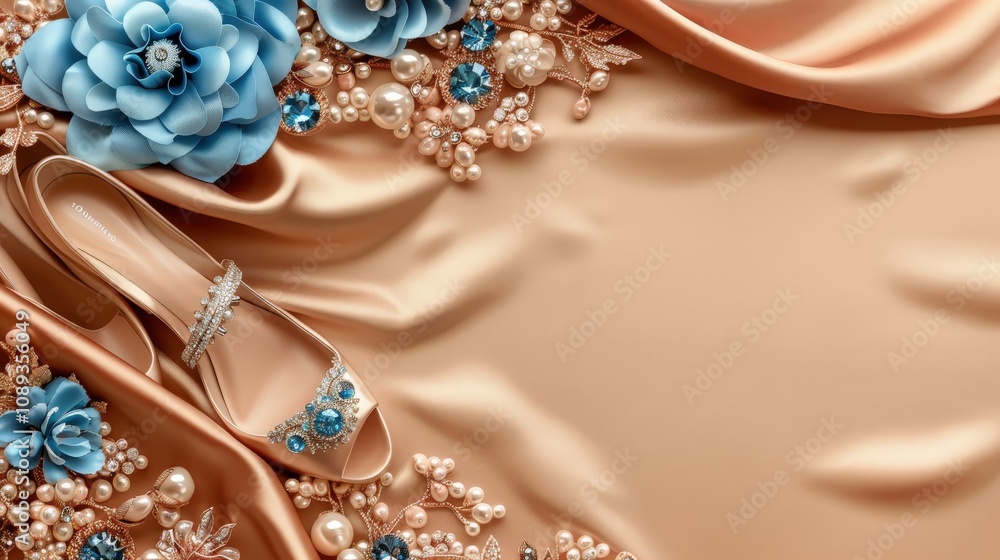 Elegant bridal flat lay featuring nude high-heeled sandal with sparkling gemstones placed on smooth satin fabric. Blue satin flowers, pearls, and crystals frame, adding luxury sophistication. Elegant bridal flat lay featuring nude high-heeled sandal with sparkling gemstones placed on smooth satin fabric. Blue satin flowers, pearls, and crystals frame, adding luxury sophistication.