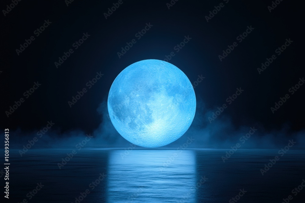 a stunning blue moon reflecting on calm waters under a dark sky