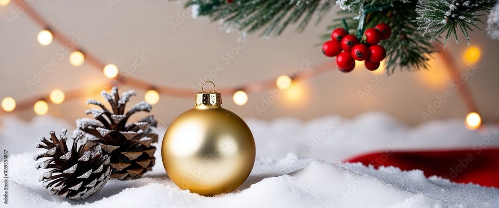 close-up view of a snow-covered surface adorned with decorative elements. In the foreground, there are two pine cones and a shiny golden Christmas ornament with a smooth, reflective surface close-up view of a snow-covered surface adorned with decorative elements. In the foreground, there are two pine cones and a shiny golden Christmas ornament with a smooth, reflective surface