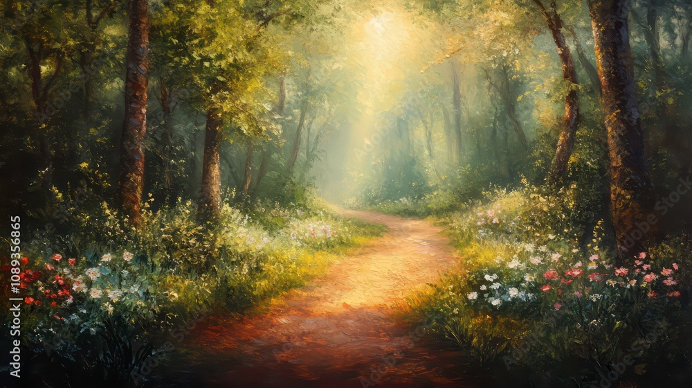 A picturesque pathway through a lush forest, bathed in warm sunlight, leads towards a mysterious clearing. A picturesque pathway through a lush forest, bathed in warm sunlight, leads towards a mysterious clearing.