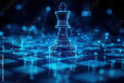 A digital chess piece illuminated in blue, symbolizing strategy and technology in a futuristic chessboard environment.