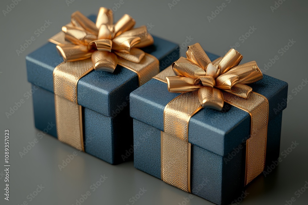 3D Rendering of Blue and Gold Gift Boxes with Golden Bows on Grey Background, Holiday Season Promotion Banner Mockup. 3D Rendering of Blue and Gold Gift Boxes with Golden Bows on Grey Background, Holiday Season Promotion Banner Mockup.