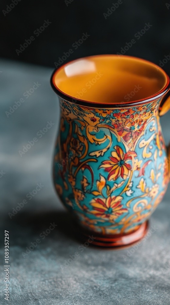 Close-up view of a unique Azerbaijani ceramic mug featuring intricate patterns and vibrant colors Close-up view of a unique Azerbaijani ceramic mug featuring intricate patterns and vibrant colors