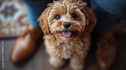 Happy Brown Puppy with Fluffy Fur Sitting Between Brown Shoes on a Geometric Carpet : Generative AI photo