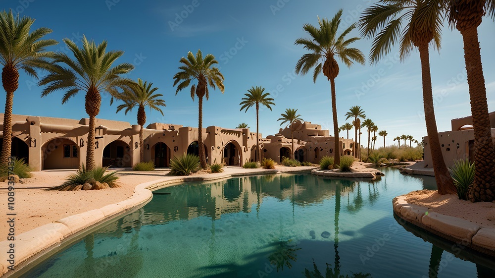 Obraz premium An oasis in the desert with crystal-clear water and palm trees.