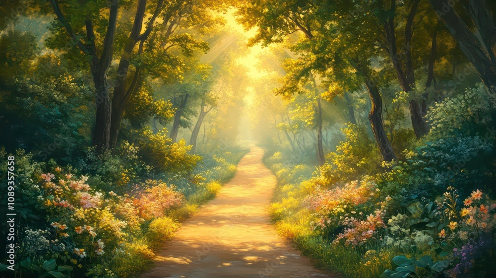 Sunbeams illuminate a path through a lush, green forest with wildflowers blooming on the sides. Sunbeams illuminate a path through a lush, green forest with wildflowers blooming on the sides.