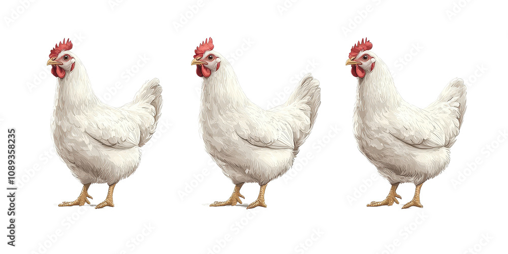 Fototapeta premium Realistic Illustration of Three White Chickens Displaying Different Poses, Perfect for Agricultural, Culinary, or Farm-related Projects and Designs
