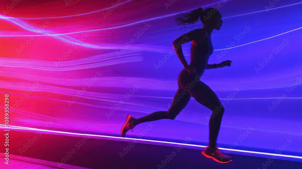 A neon-lit abstract runner captures the essence of movement and vitality in the artwork. A neon-lit abstract runner captures the essence of movement and vitality in the artwork.