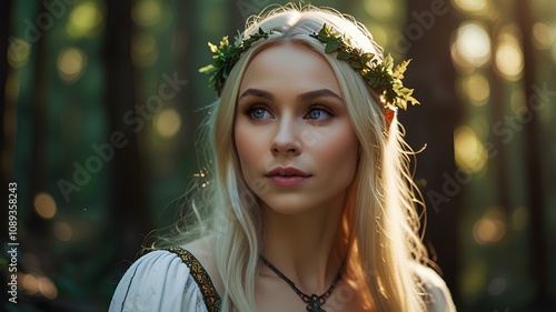 Most pretty elf maiden in the woods. Princess elven woman elf portrait. Fantasy lush bokeh forest background. photo