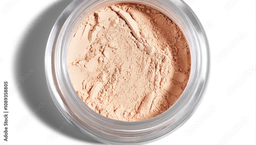 Loose powder in a transparent container with spilled powder on white background. Loose powder in a transparent container with spilled powder on white background.