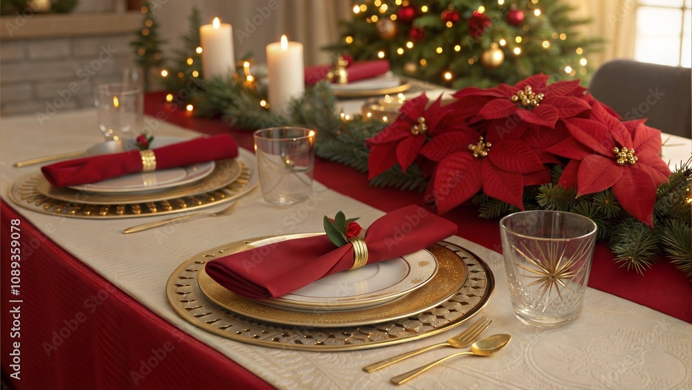 Elegant Christmas table setting with Berry Red
a tablecloth and napkins, golden devices, and beautiful poinsettia, trend of 2025 Elegant Christmas table setting with Berry Red
a tablecloth and napkins, golden devices, and beautiful poinsettia, trend of 2025