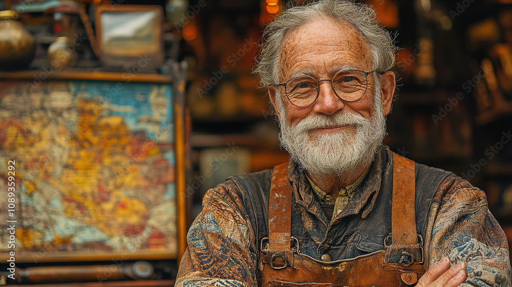 Experienced craftsman stands proudly in his workshop surrounded by rustic tools and vintage items. Generative AI Experienced craftsman stands proudly in his workshop surrounded by rustic tools and vintage items. Generative AI