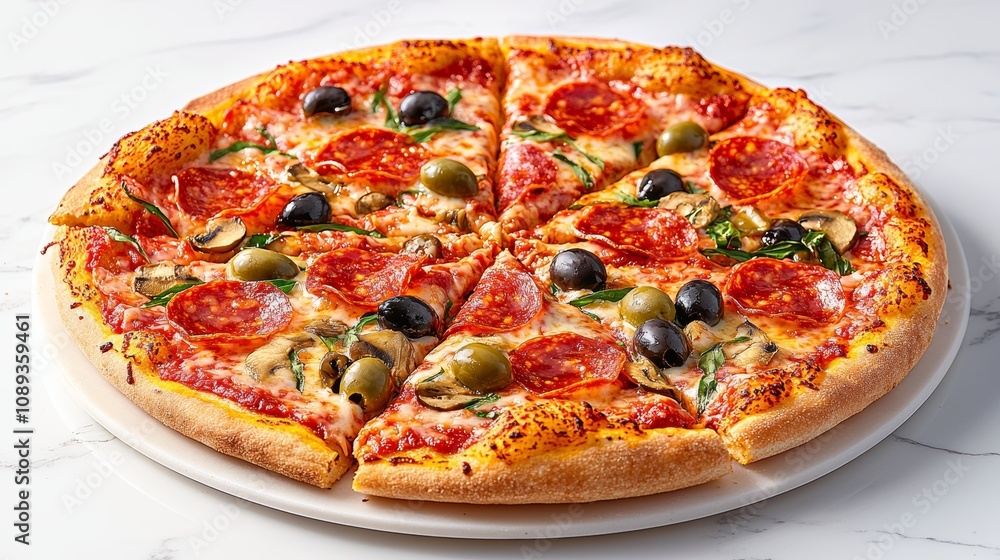 Delicious Pepperoni Pizza with Fresh Vegetables and Olives Served on a White Marble Table, Perfect for Food Lovers and Culinary Enthusiasts Delicious Pepperoni Pizza with Fresh Vegetables and Olives Served on a White Marble Table, Perfect for Food Lovers and Culinary Enthusiasts