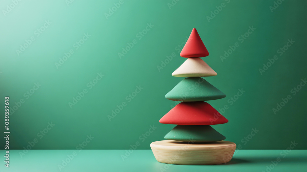 Creative 3D Christmas tree made of stacked shapes in vibrant colors on a wooden base Creative 3D Christmas tree made of stacked shapes in vibrant colors on a wooden base