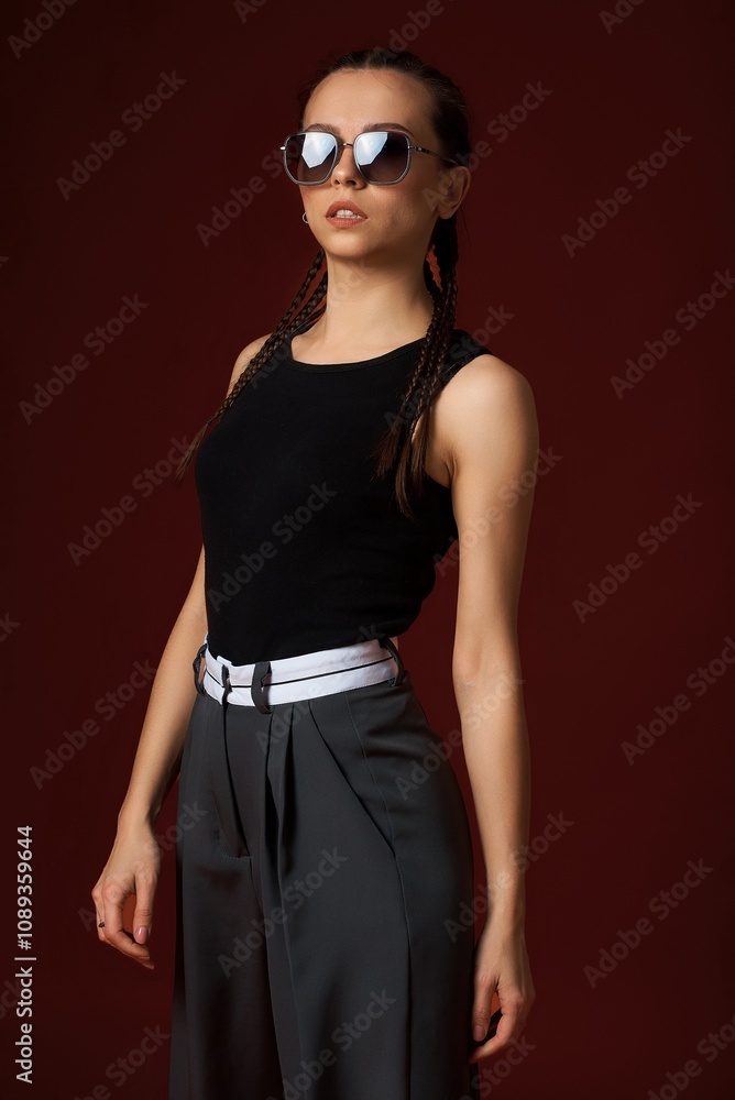 a girl in a black T-shirt, gray pants withsunglasses poses in the studio