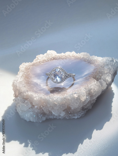 Photographie commerciale d'une bague en or blanc ou argent de type solitaire sertie d'un diamant ou aigue marine sur un fond blanc et minéral, quartz blanc ou pierre de lune photo