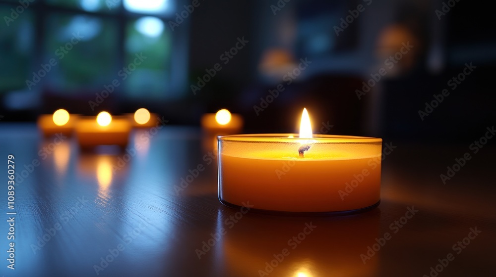Illuminated candles on a wooden table at dusk. Illuminated candles on a wooden table at dusk.
