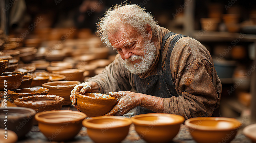 Skilled potter shaping clay bowls in a traditional workshop during the daytime in a rustic setting. Generative AI Skilled potter shaping clay bowls in a traditional workshop during the daytime in a rustic setting. Generative AI