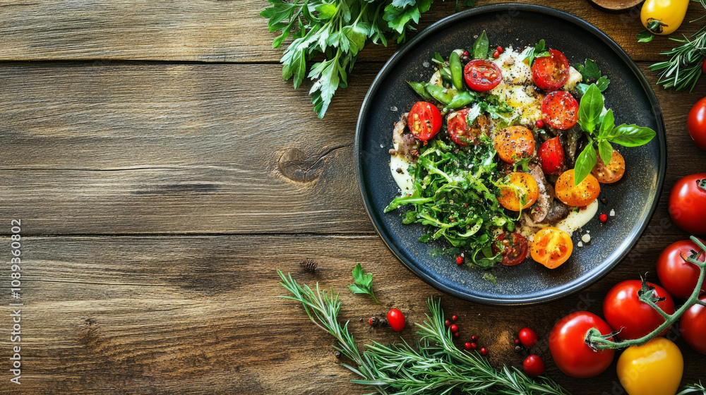 Fresh vegetable salad with colorful tomatoes on a wooden table Fresh vegetable salad with colorful tomatoes on a wooden table