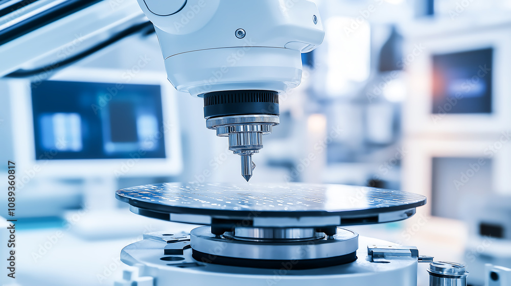 Close up of a semiconductor wafer held by a robotic arm in a cleanroom. The advanced technology and precision required in semiconductor manufacturing
Close up of a semiconductor wafer held by a robotic arm in a cleanroom. The advanced technology and precision required in semiconductor manufacturing