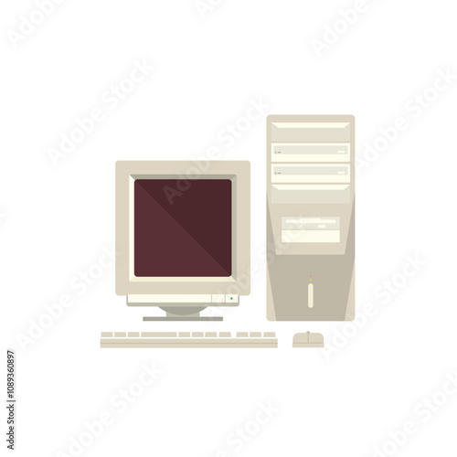 computer, 80s-90s PC retro, nostalgia vector flat design.