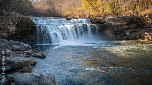 Majestic Waterfall, River, Autumn Foliage, Cascading Water, Rock Formation