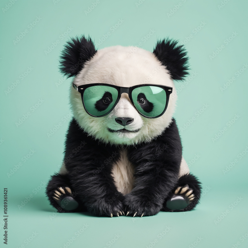 Fototapeta premium A fluffy panda bear with glossy black and white fur, sporting round, black sunglasses that completely cover its eyes.