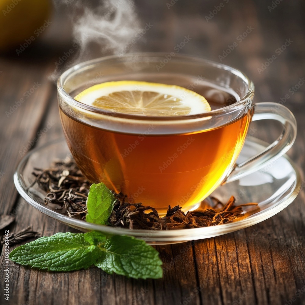 a warm cup of herbal tea with lemon and fresh mint leaves a warm cup of herbal tea with lemon and fresh mint leaves