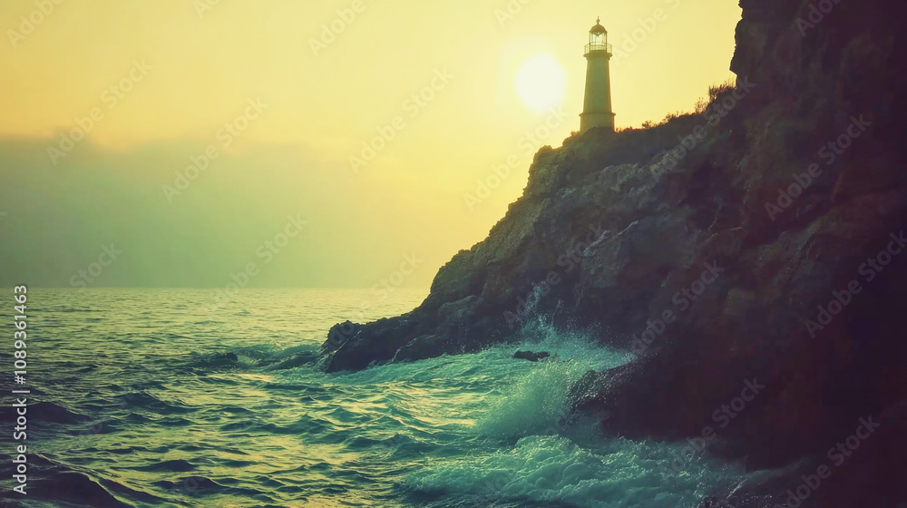 Lighthouse silhouette on a rocky cliff during serene twilight with misty waves Lighthouse silhouette on a rocky cliff during serene twilight with misty waves