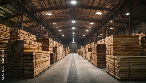 Massive Wooden Lumber Storage in a Warehouse