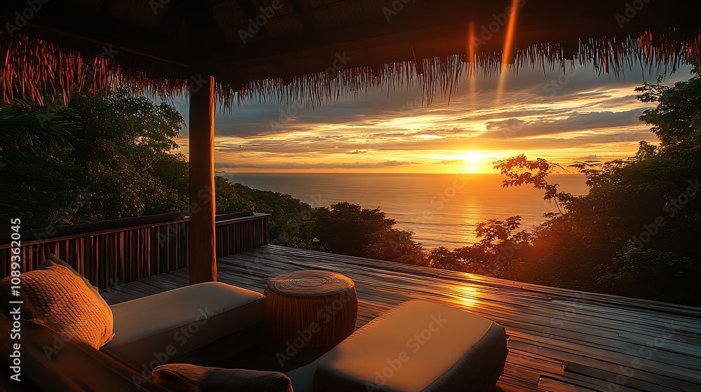 Fototapeta premium Tranquil Tropical Sunset View from a Cozy Wooden Deck Overlooking the Ocean with Relaxing Loungers : Generative AI