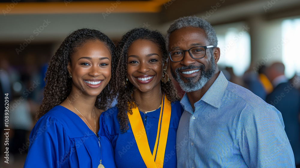 Two young women in graduation gowns smile with their father, surrounded by a celebratory atmosphere during a graduation ceremony event Two young women in graduation gowns smile with their father, surrounded by a celebratory atmosphere during a graduation ceremony event