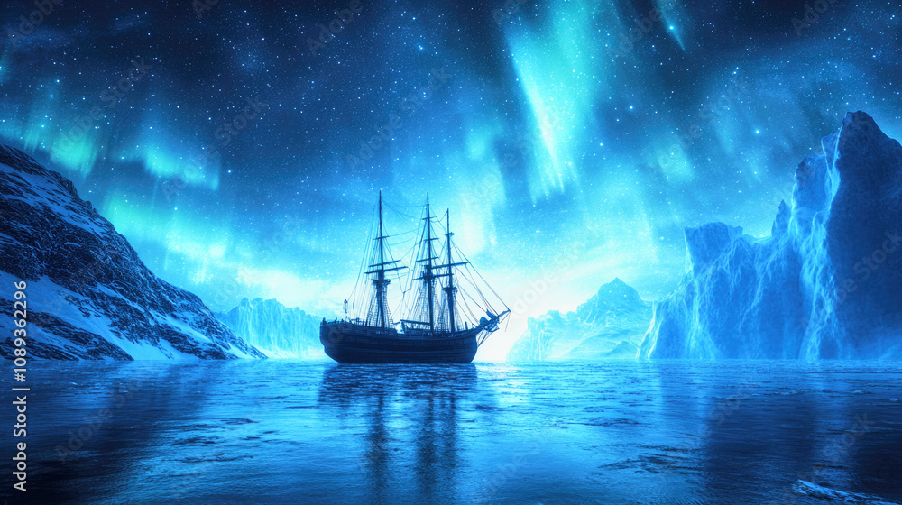 Mysterious ship floating in an Arctic bay illuminated by northern lights and towering glaciers Mysterious ship floating in an Arctic bay illuminated by northern lights and towering glaciers