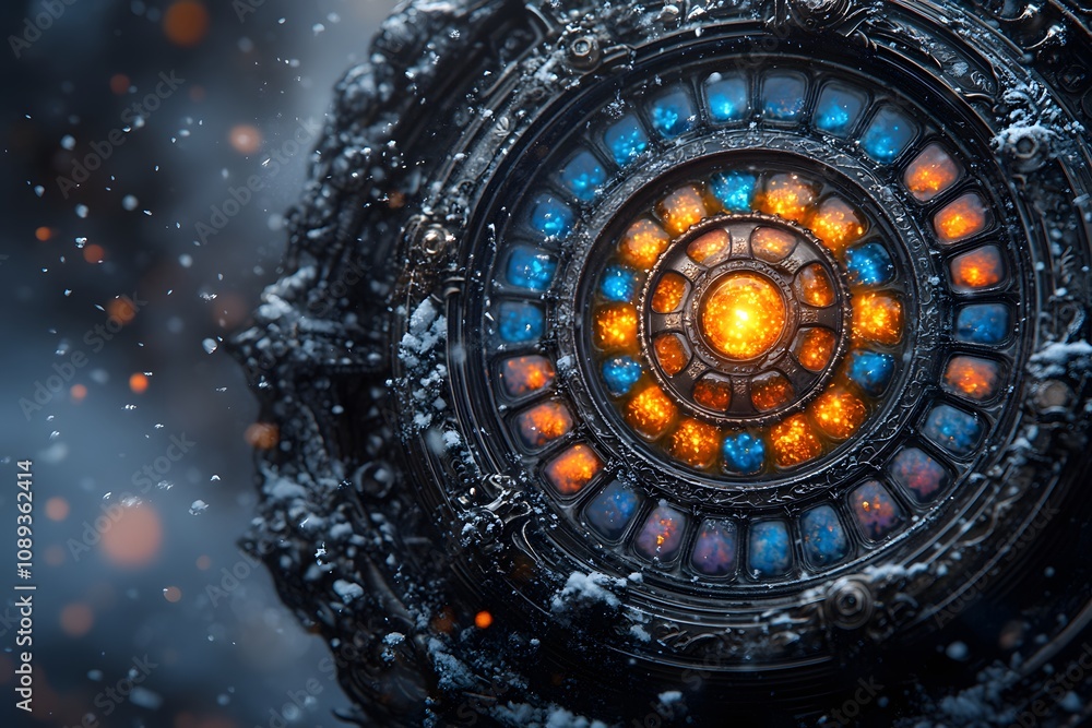 Fototapeta premium A mystical circular device with glowing gems and intricate designs, set in a snowy environment.